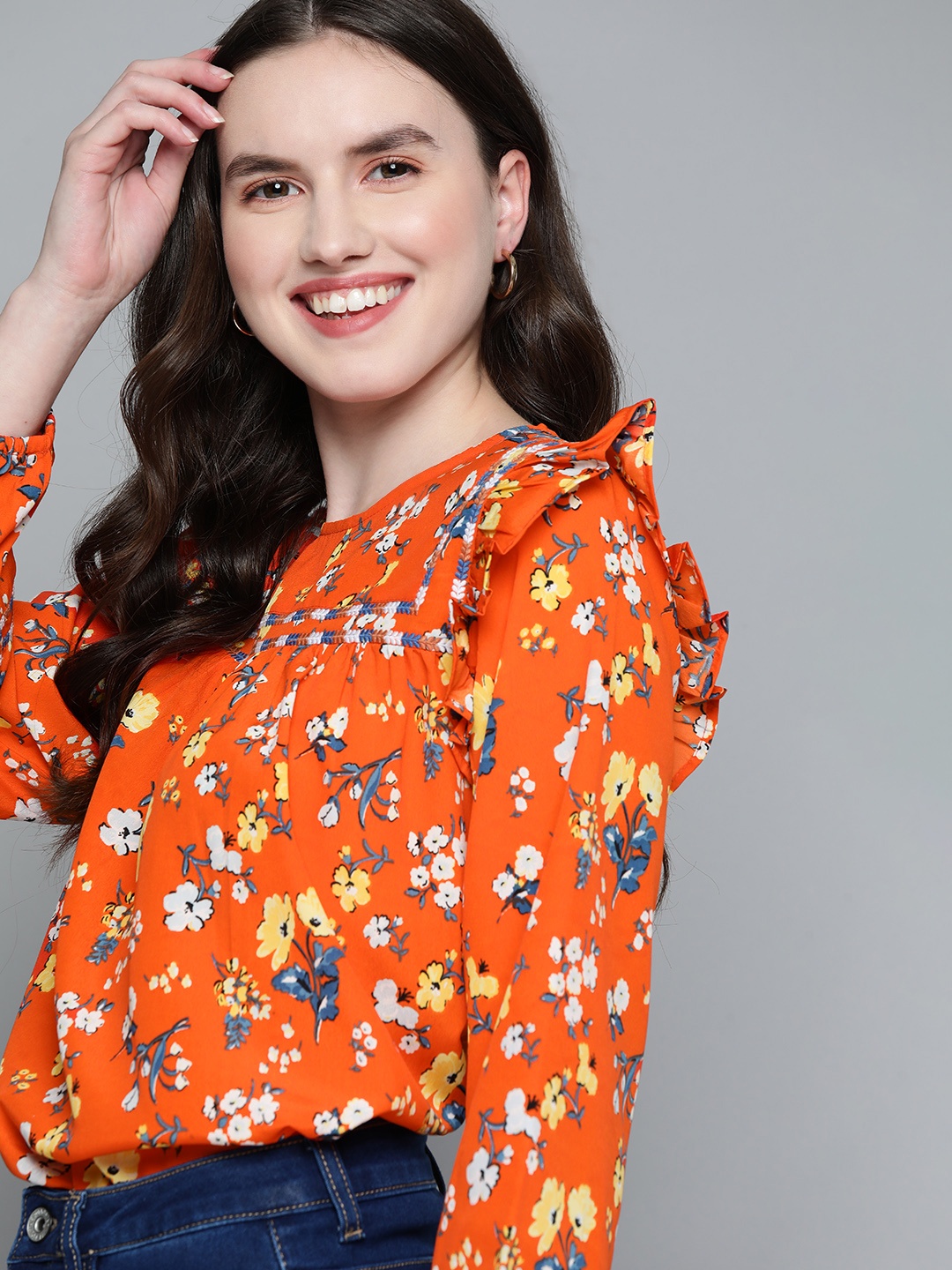 

Mast & Harbour Orange & Yellow Floral Print Ruffles Top