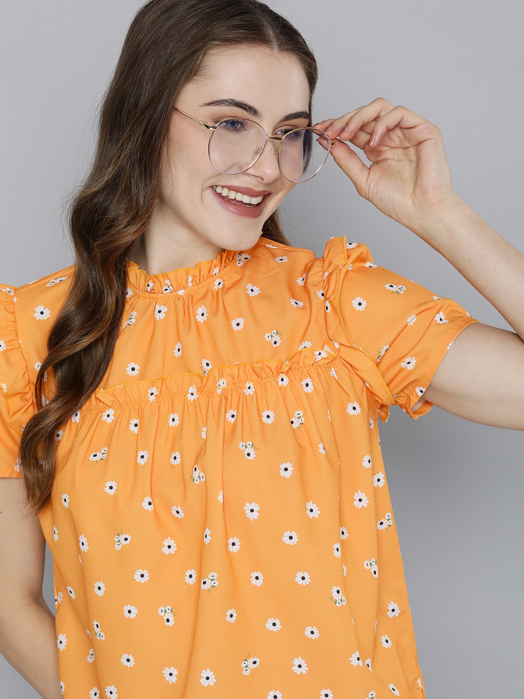 

Mast & Harbour High Neck Floral Print Ruffles Top, Mustard