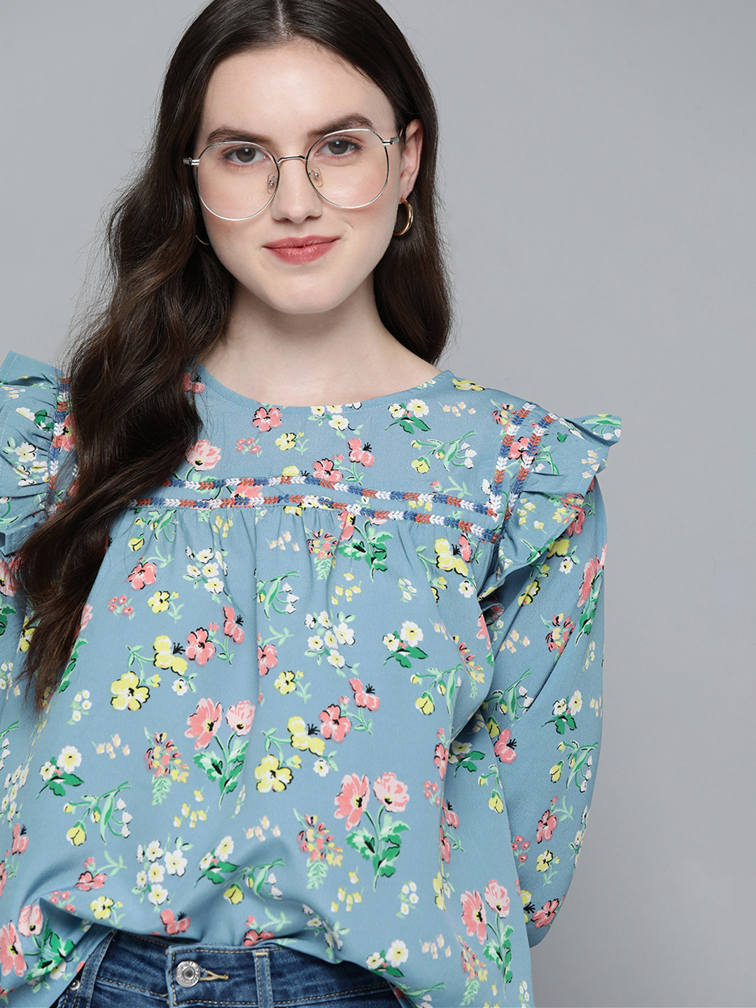 

Mast & Harbour Blue & Yellow Floral Print Ruffles Top