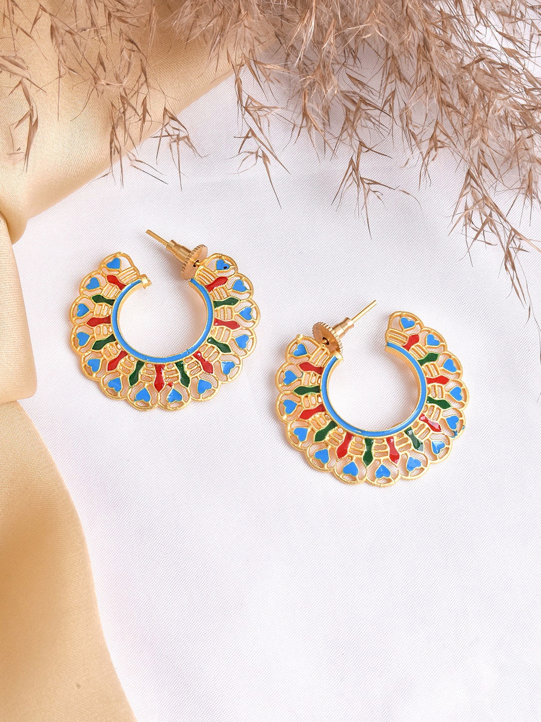 

TEEJH Gold-Toned & Blue Circular Half Hoop Earrings