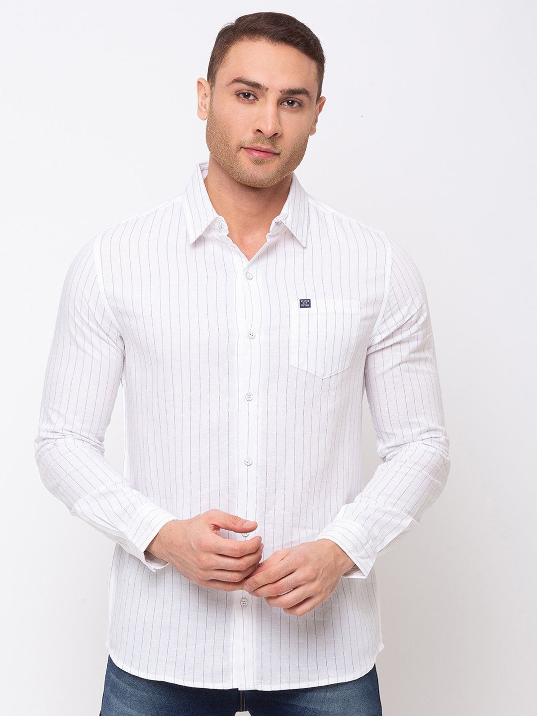 

Status Quo Men White Cotton Linen Striped Casual Shirt