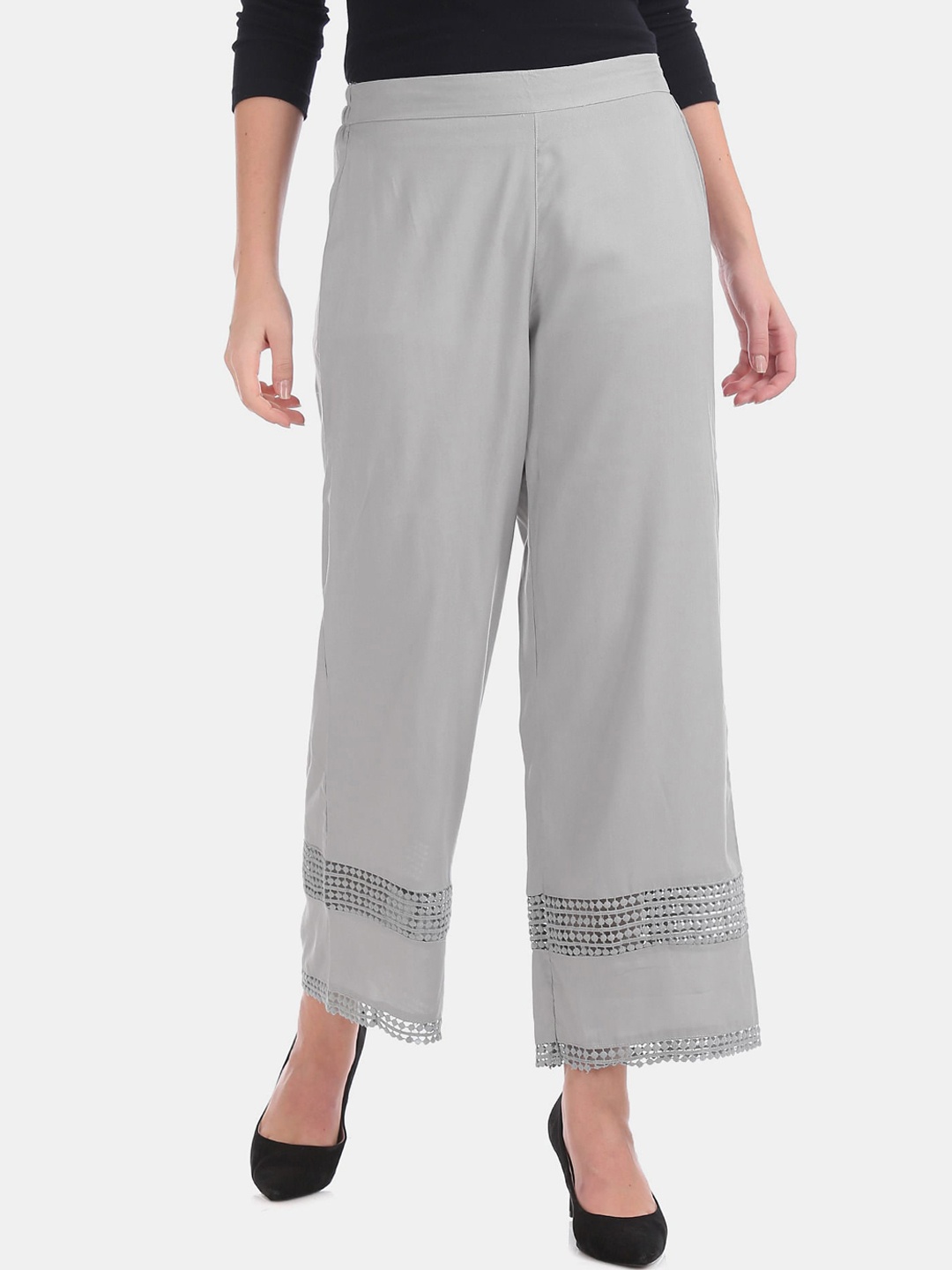 

Karigari Women Grey Solid Lace Insert Straight Palazzo