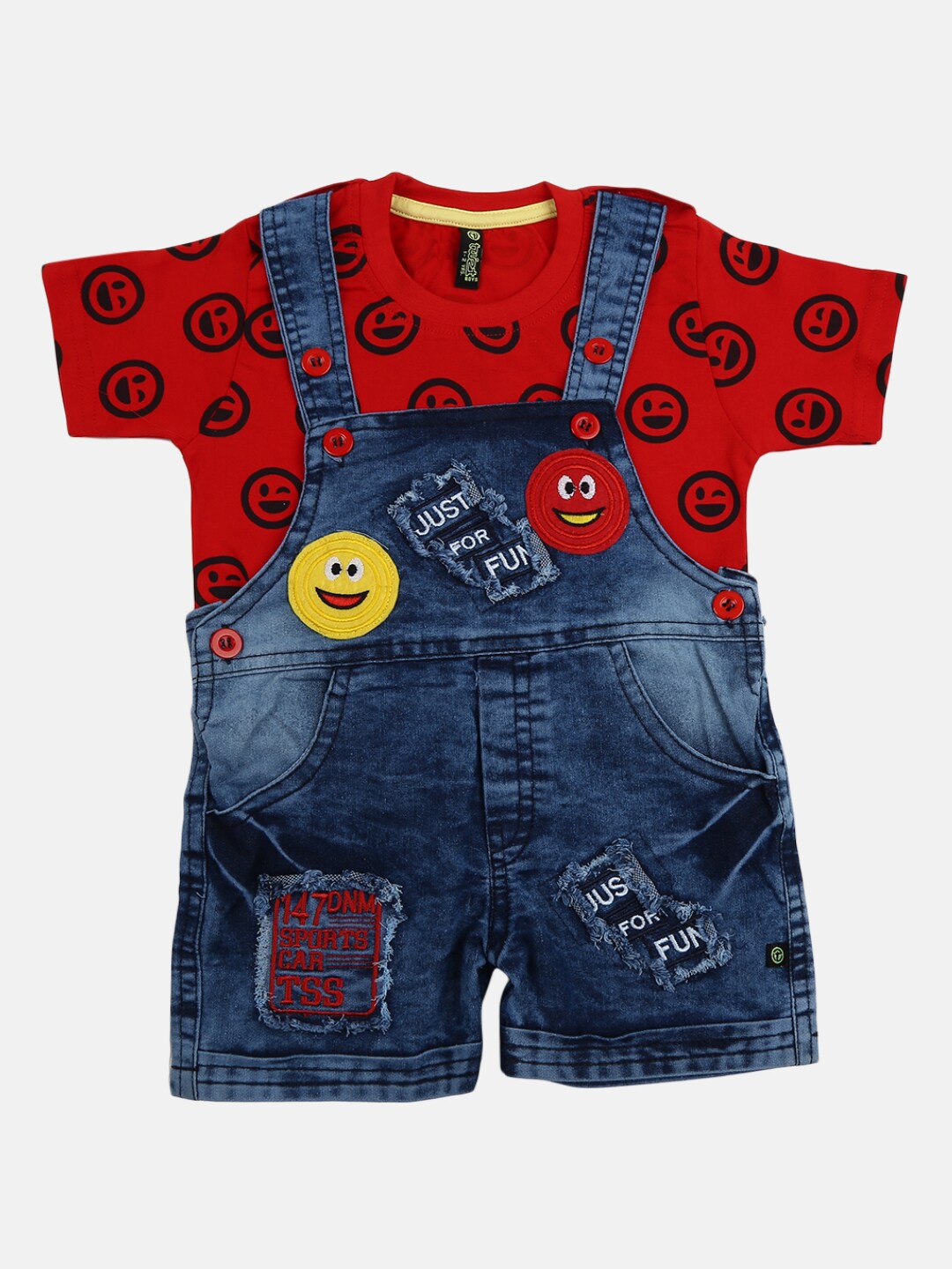 

V-Mart Unisex Kids Red & Blue Printed T-shirt with Denim Dungaree Shorts