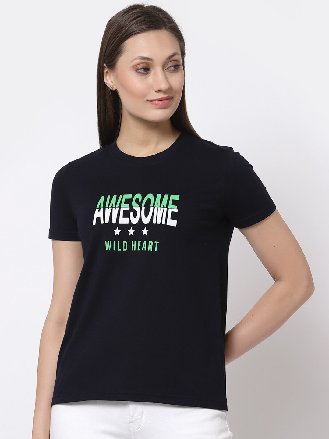 

Club York Women Navy Blue Typography Printed T-shirt
