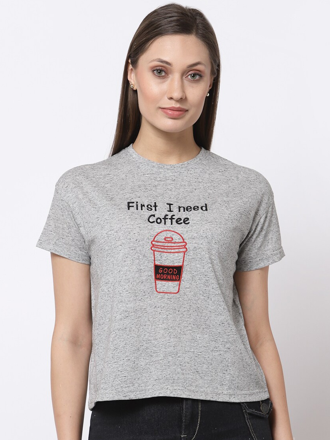 

Club York Women Grey Typography Printed Round Neck Short Sleeve T-shirt