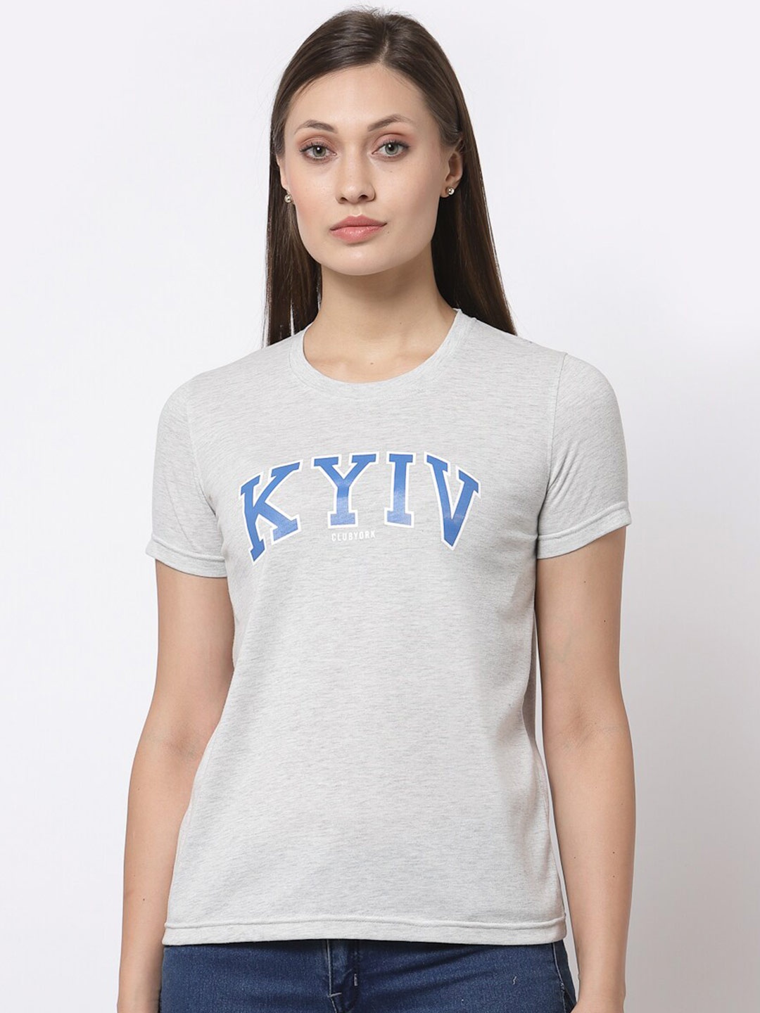 

Club York Women Grey Typography Printed Applique T-shirt