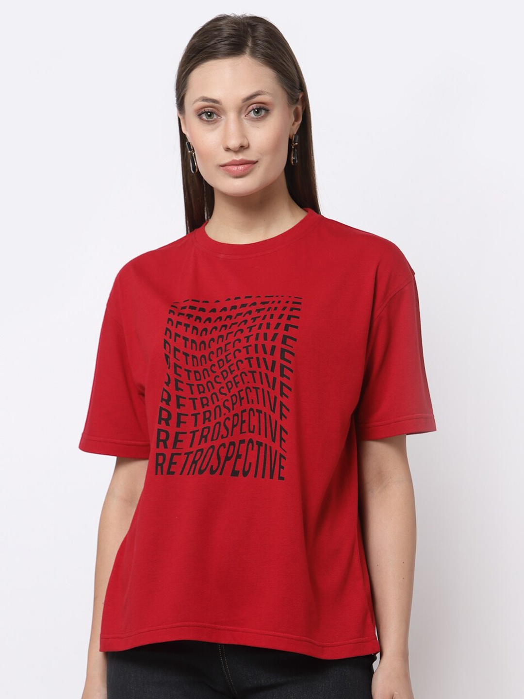 

Club York Women Red Typography Printed Round Neck Short Sleeve T-shirt