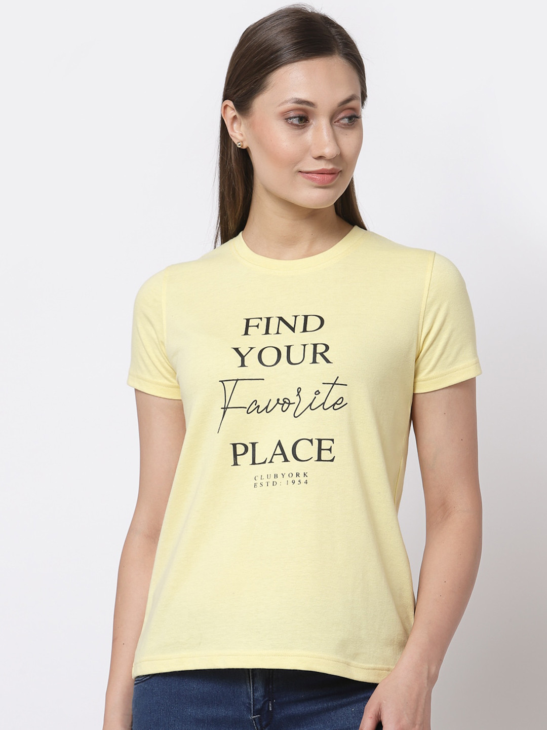 

Club York Women Yellow Solid Typography Printed T-shirt