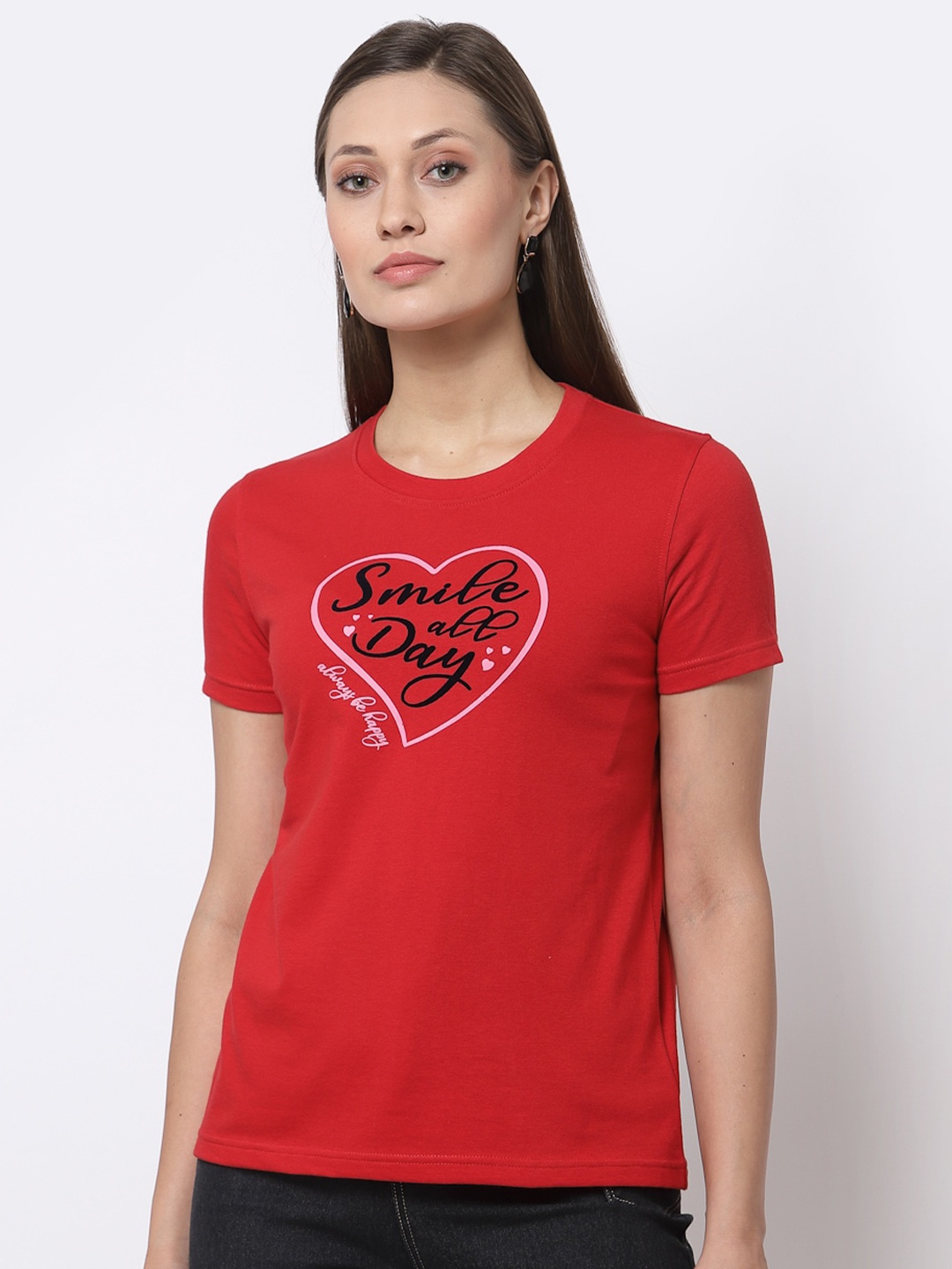 Club York Women Red Solid Typography Printed T-shirt