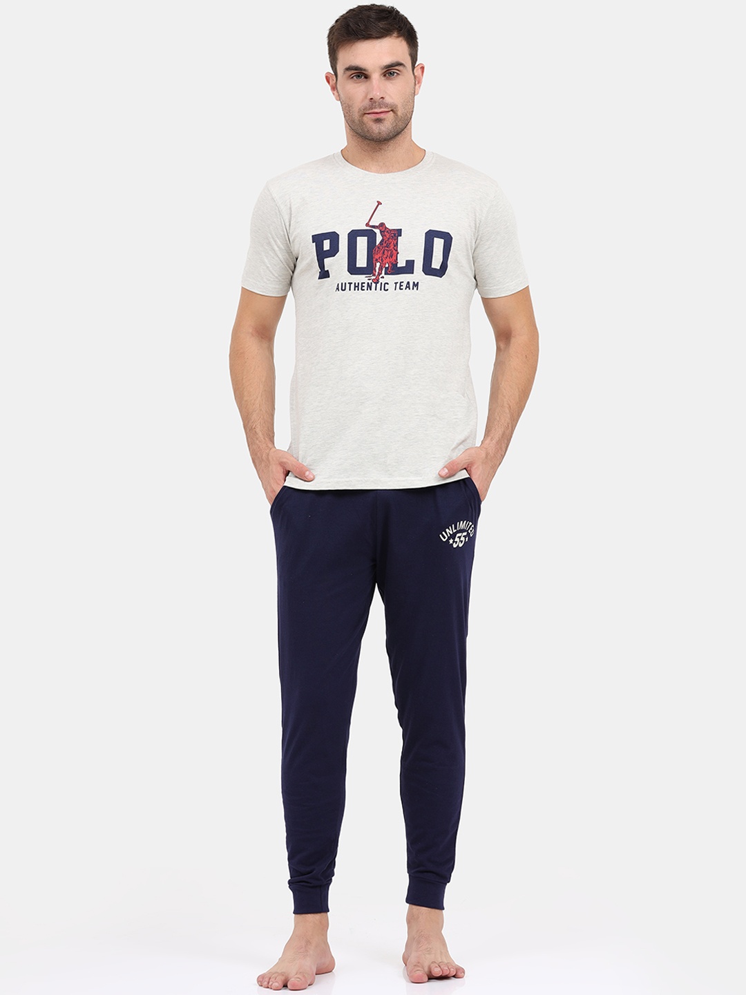 

Masculino Latino Men Off White & Navy Blue Printed Pure Cotton Night suit