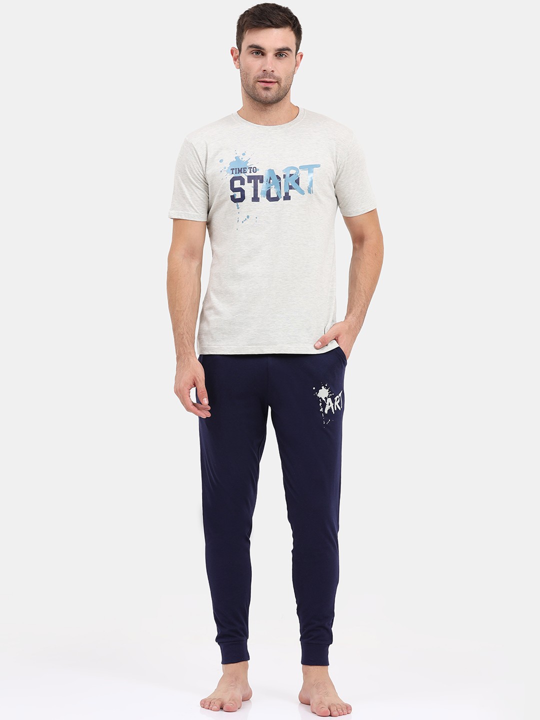 

Masculino Latino Men Off White & Navy Blue Printed Cotton Night suit