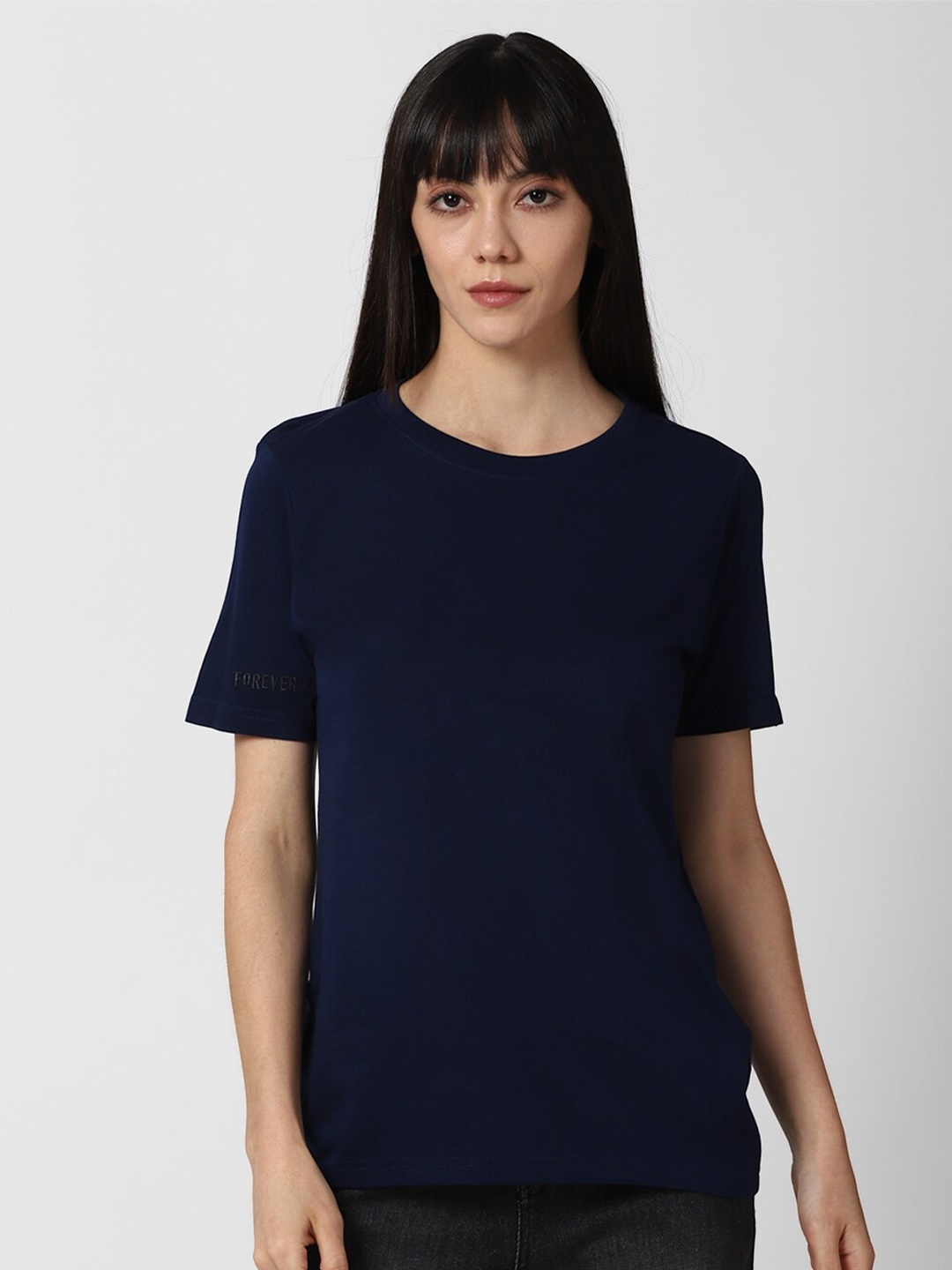 

FOREVER 21 Women Navy Blue Solid Round Neck Regular Top