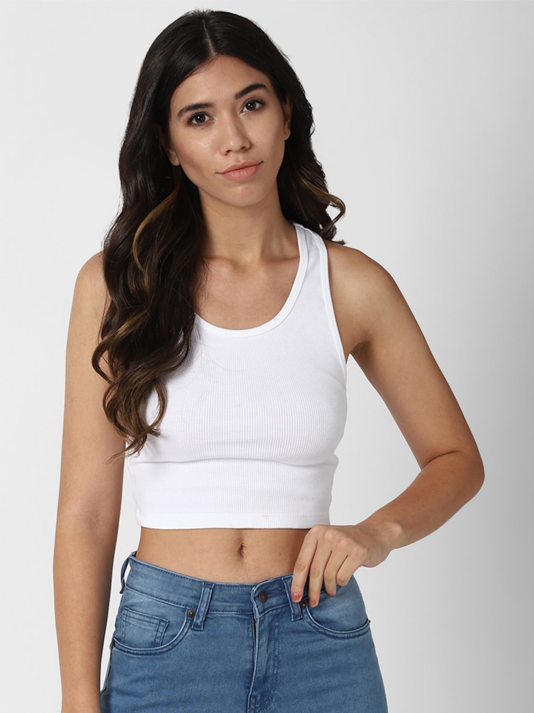 

FOREVER 21 White Ribbed Monochrome Tank Crop Top