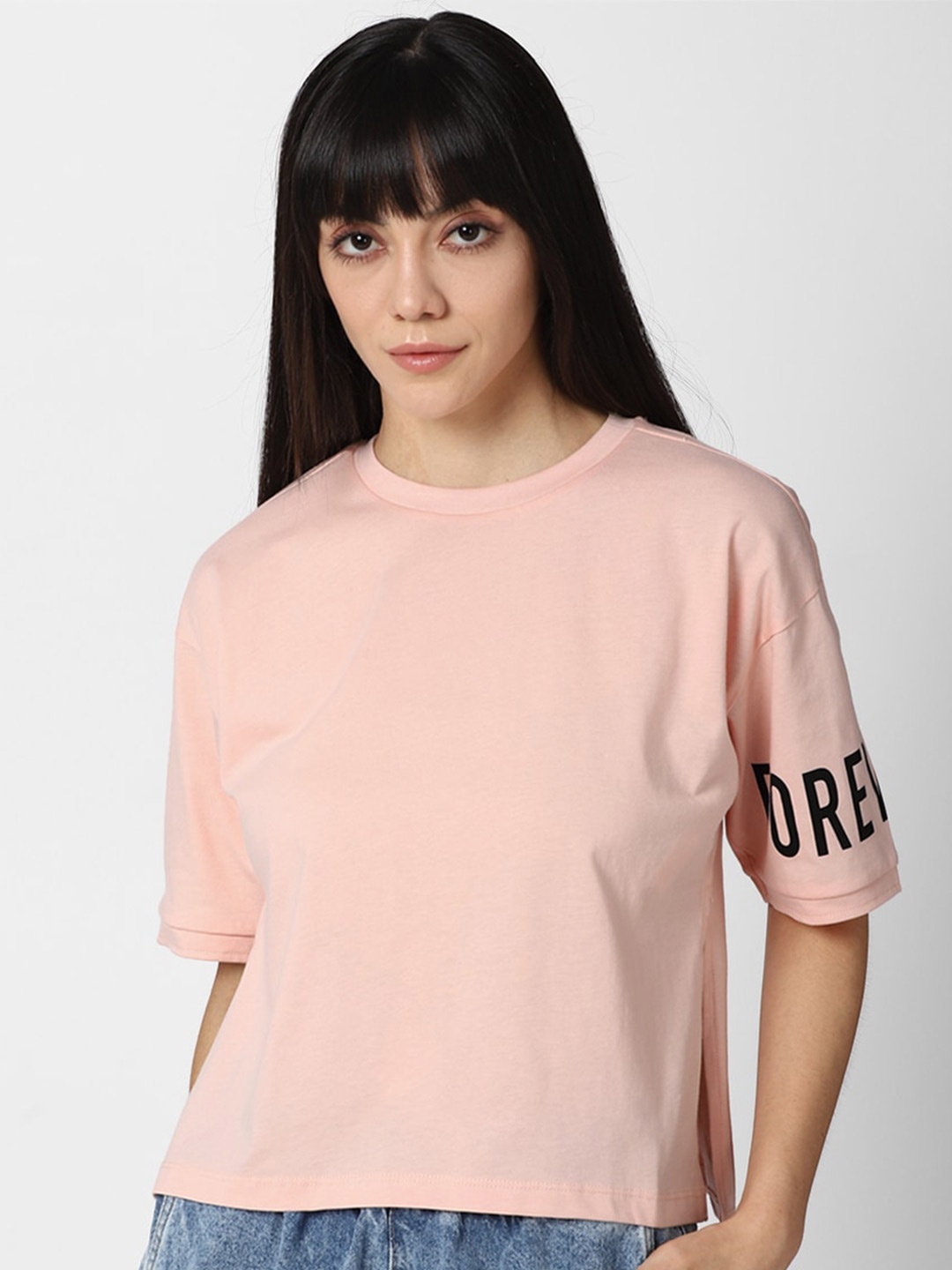 

FOREVER 21 Peach-Coloured Pure Cotton Extended Sleeves Top