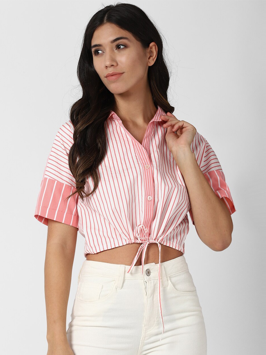 

FOREVER 21 Women Pink Vertical Striped Shirt Collar Short Sleeve Crop Top
