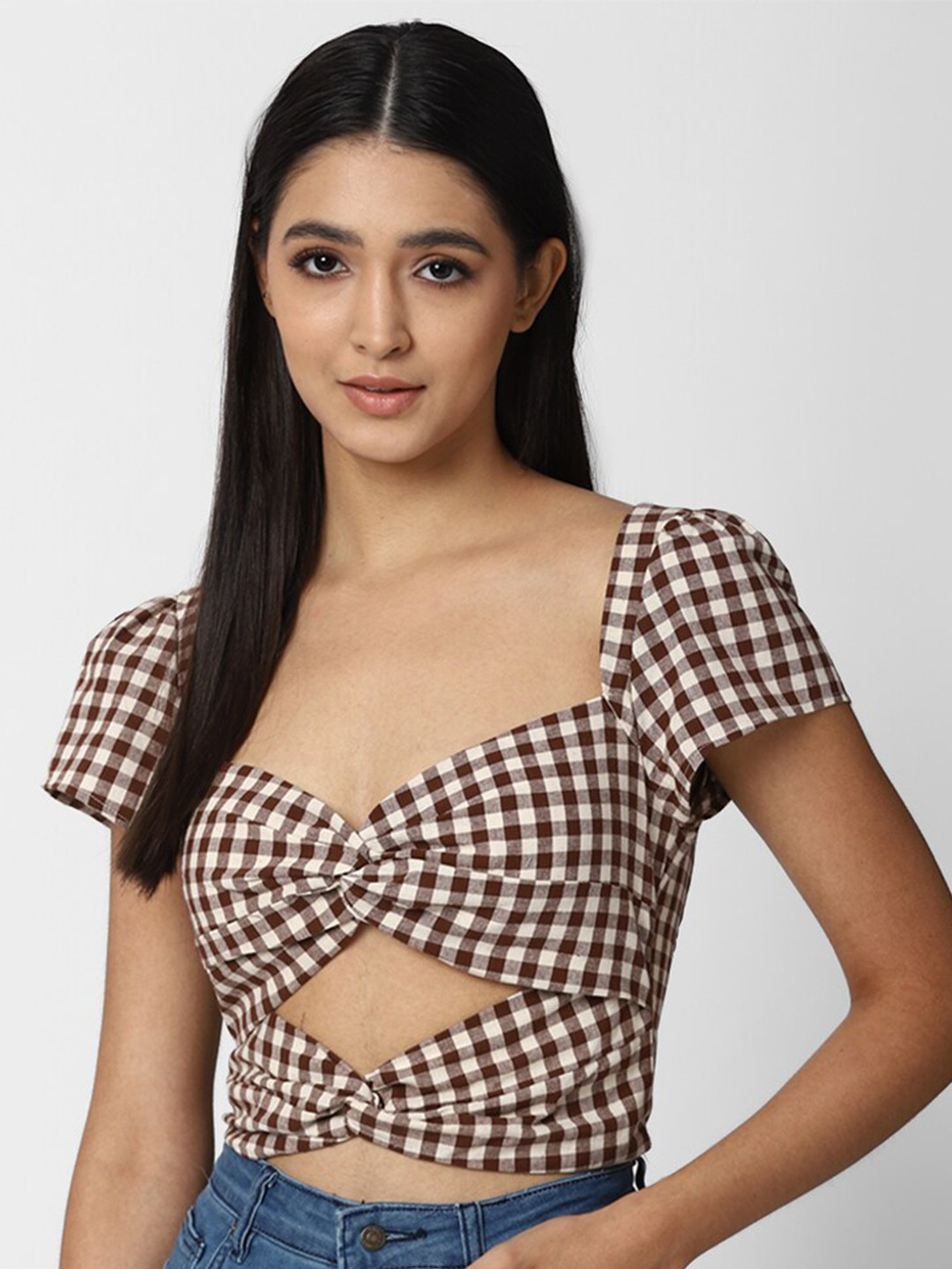 

FOREVER 21 Brown Checked Sweetheart Neck Crop Top