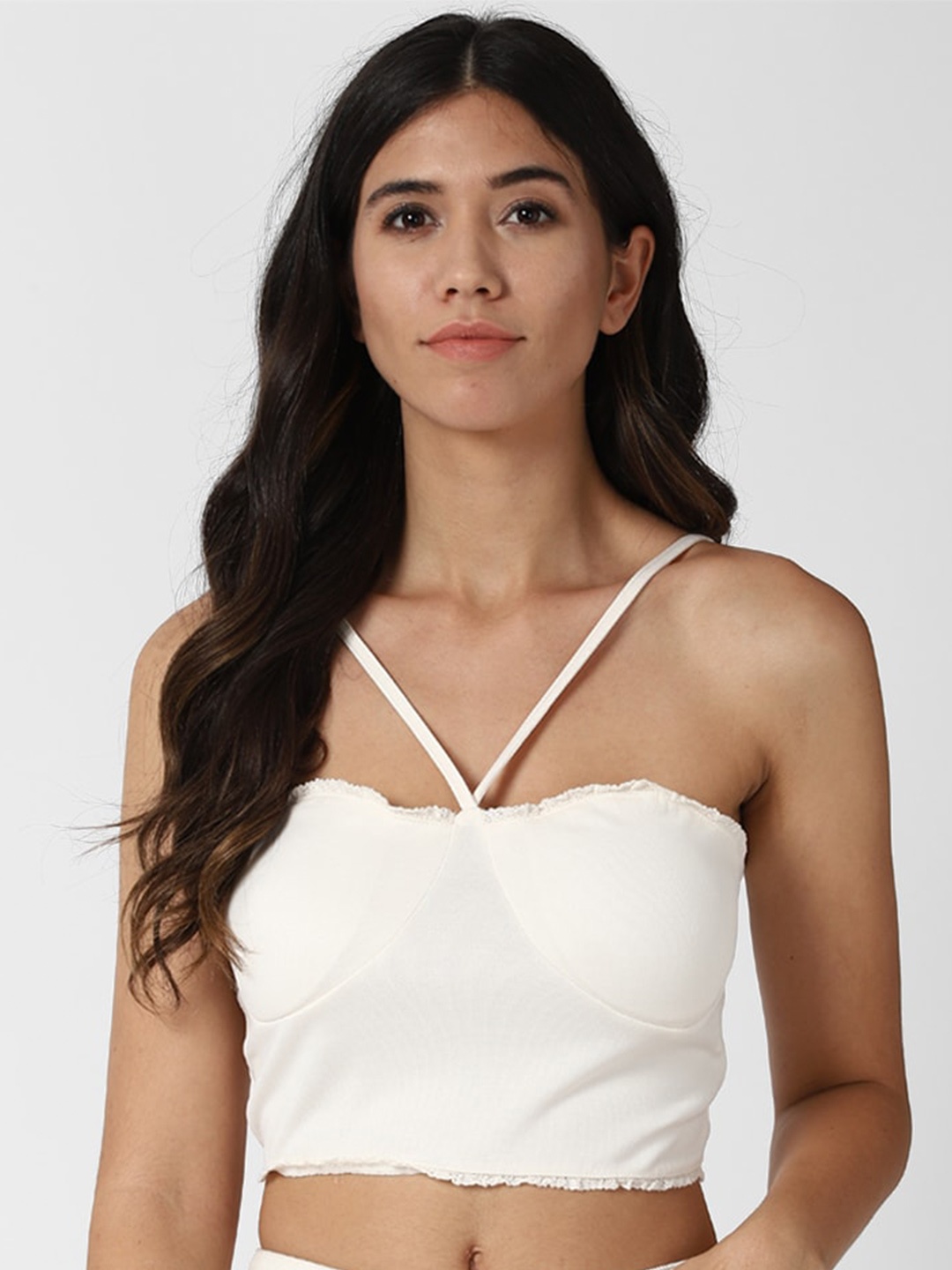 

FOREVER 21 Women White Solid Sleeveless Bralette Crop Top