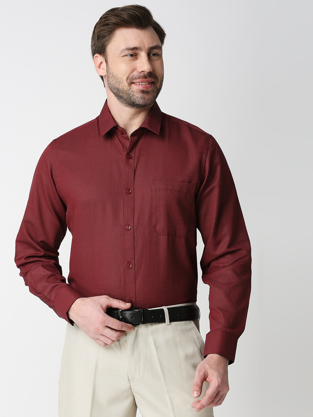 

Solemio Men Red Self Design Smart Fit Formal Shirt