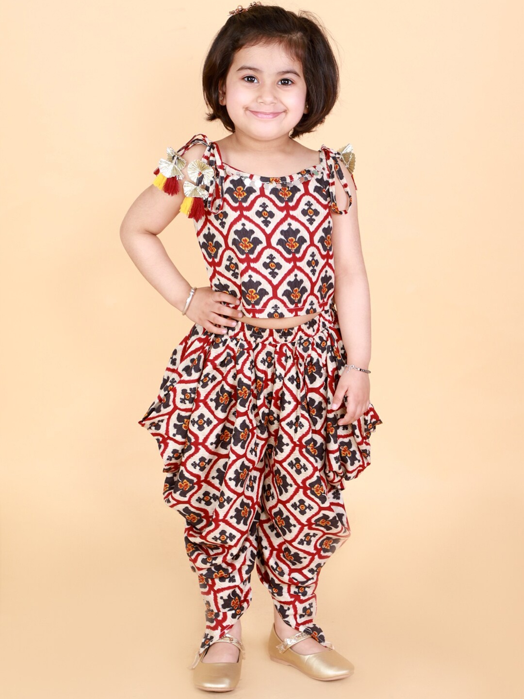

LIL DRAMA Girls Brown & Beige Printed Top with Dhoti Pants