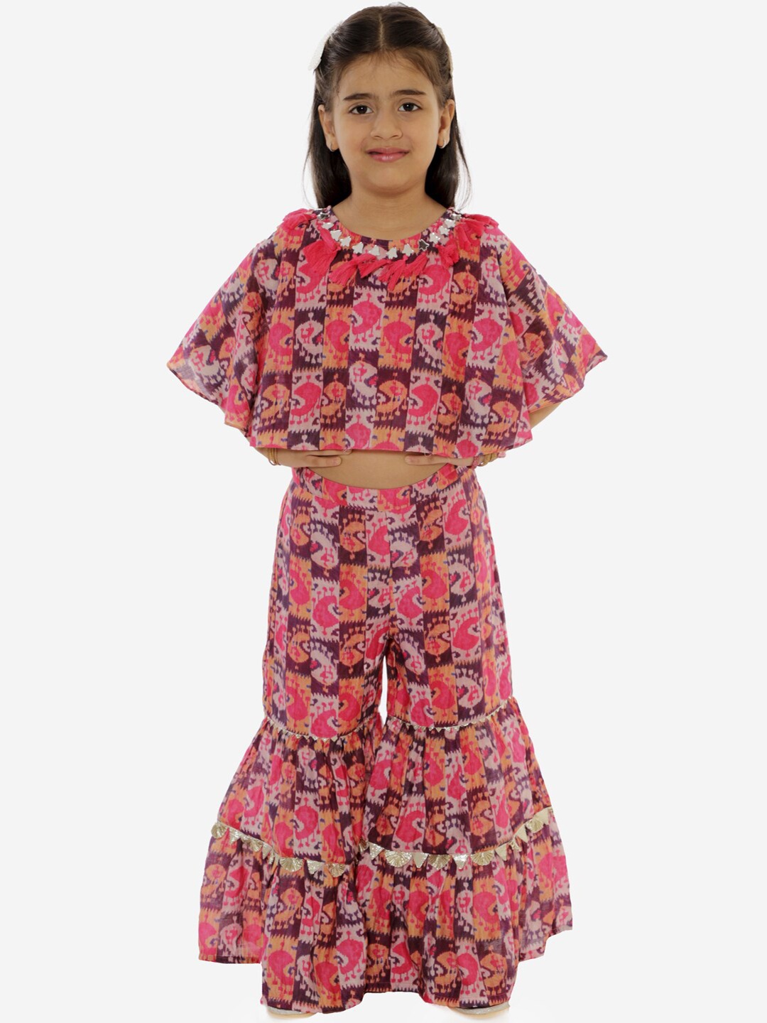 

LIL DRAMA Girls Red & Orange Printed Top with Palazzos