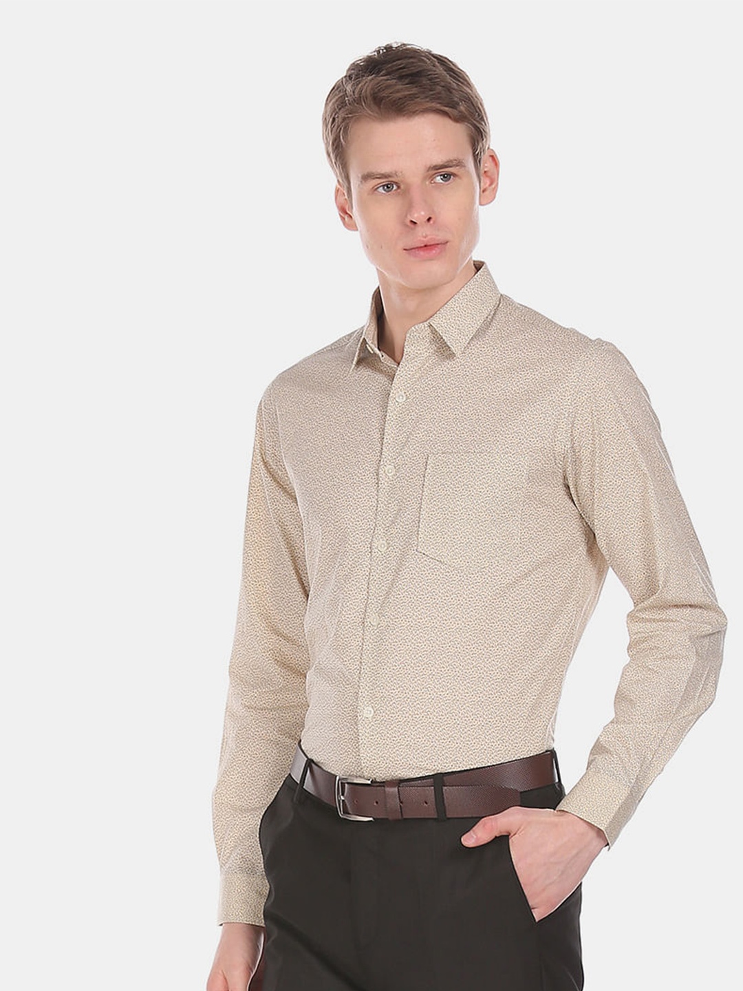 

Excalibur Men Beige Printed Party Shirt French Placket Long Sleeves Spread Collar