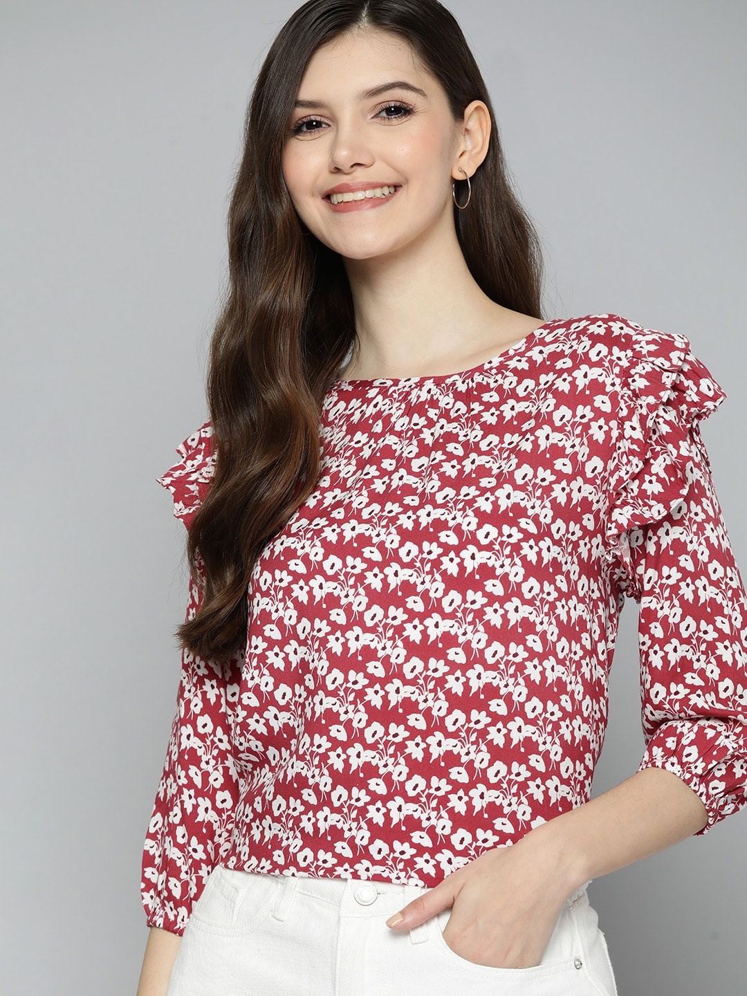 

M&H Our Water Floral Print Ruffles Top, Red