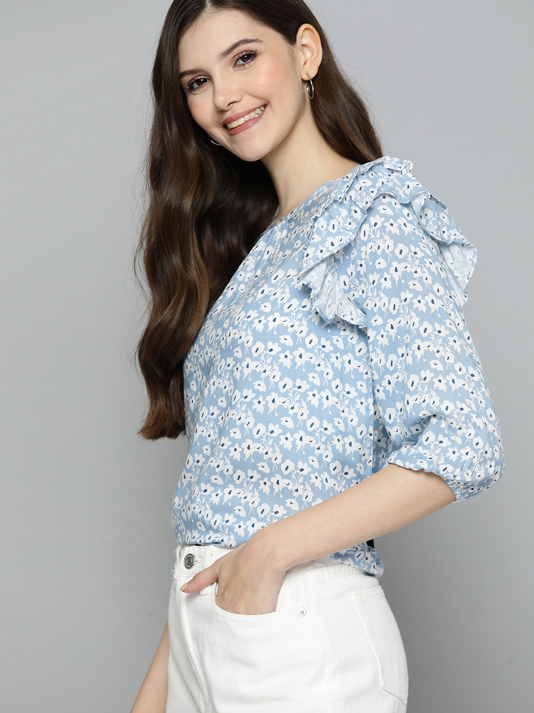 

M&H Our Water Floral Print Ruffles Top, Blue