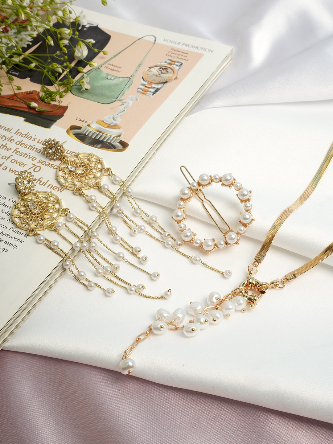 

Ferosh White & Gold-Toned Beaded Cluster Jewellery Set