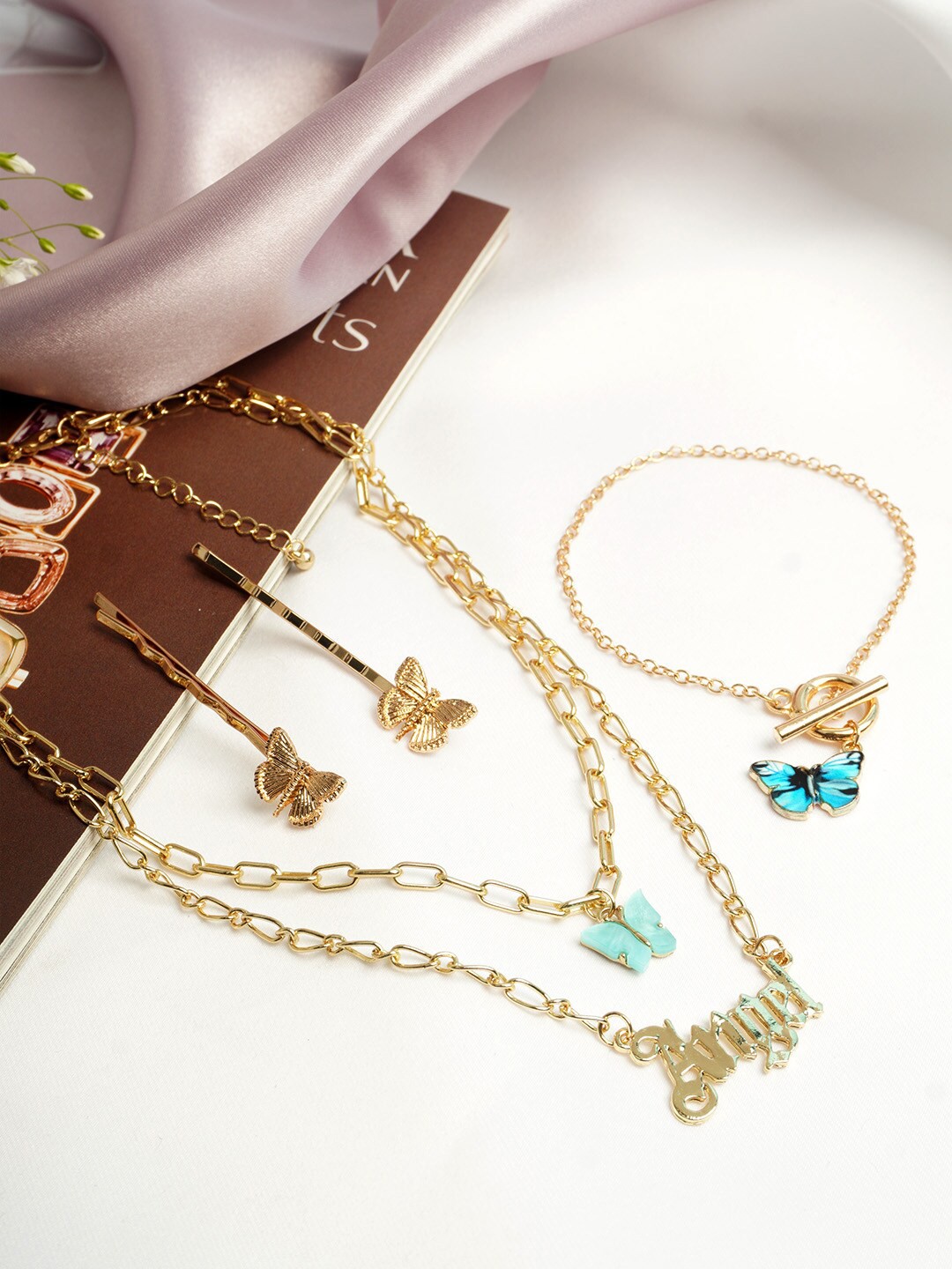 

Ferosh Gold-Toned & Blue With Butterfly Charm Jewellery Set