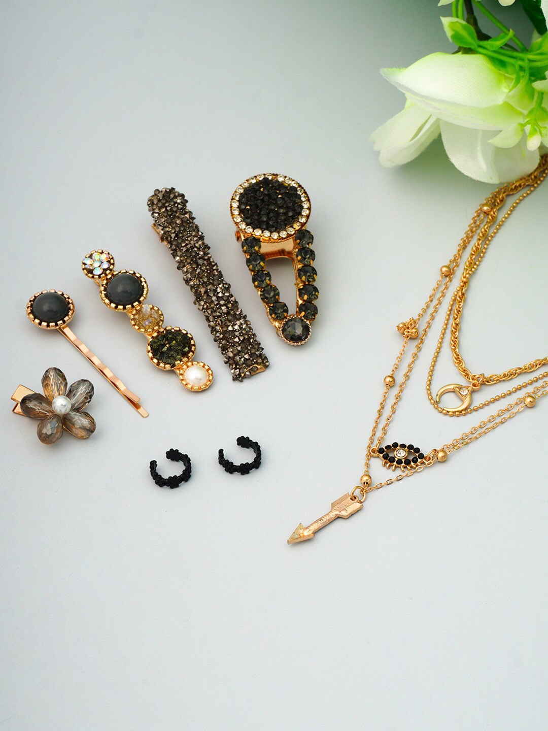 

Ferosh Gold-Plated Black Rhinestone Studded Jewellery Set