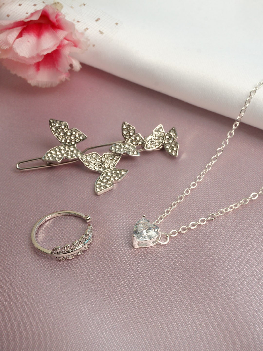 

Ferosh Silver-Toned White Stone Studded Jewellery Set