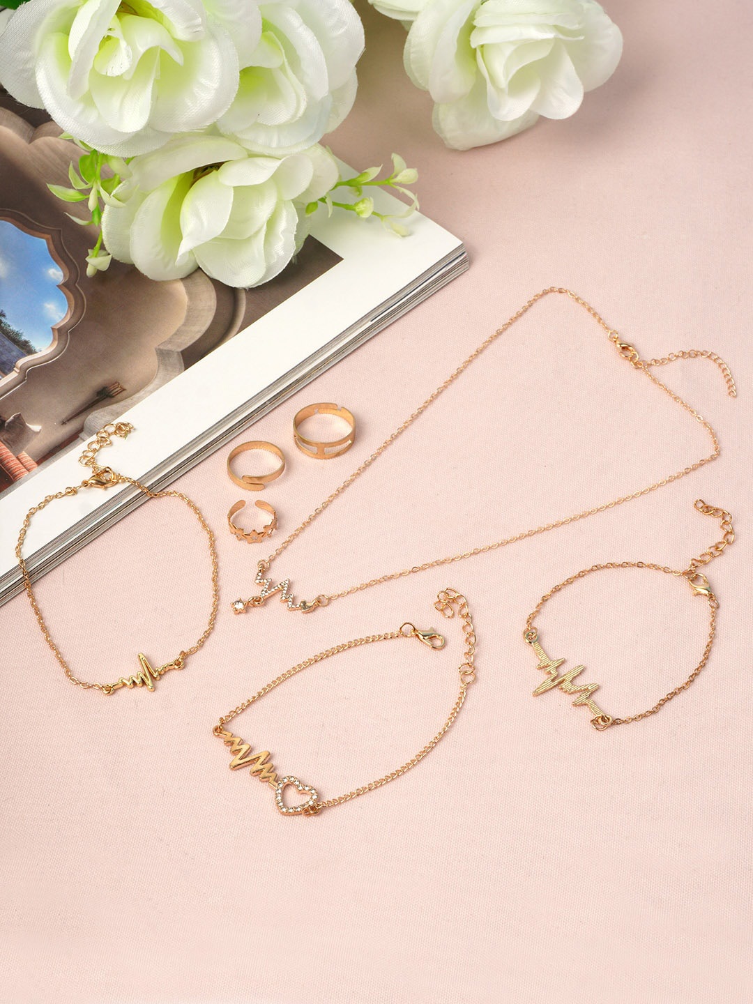 

Ferosh Gold-Toned & White Stone-Studded Heartbeat Jewellery Set