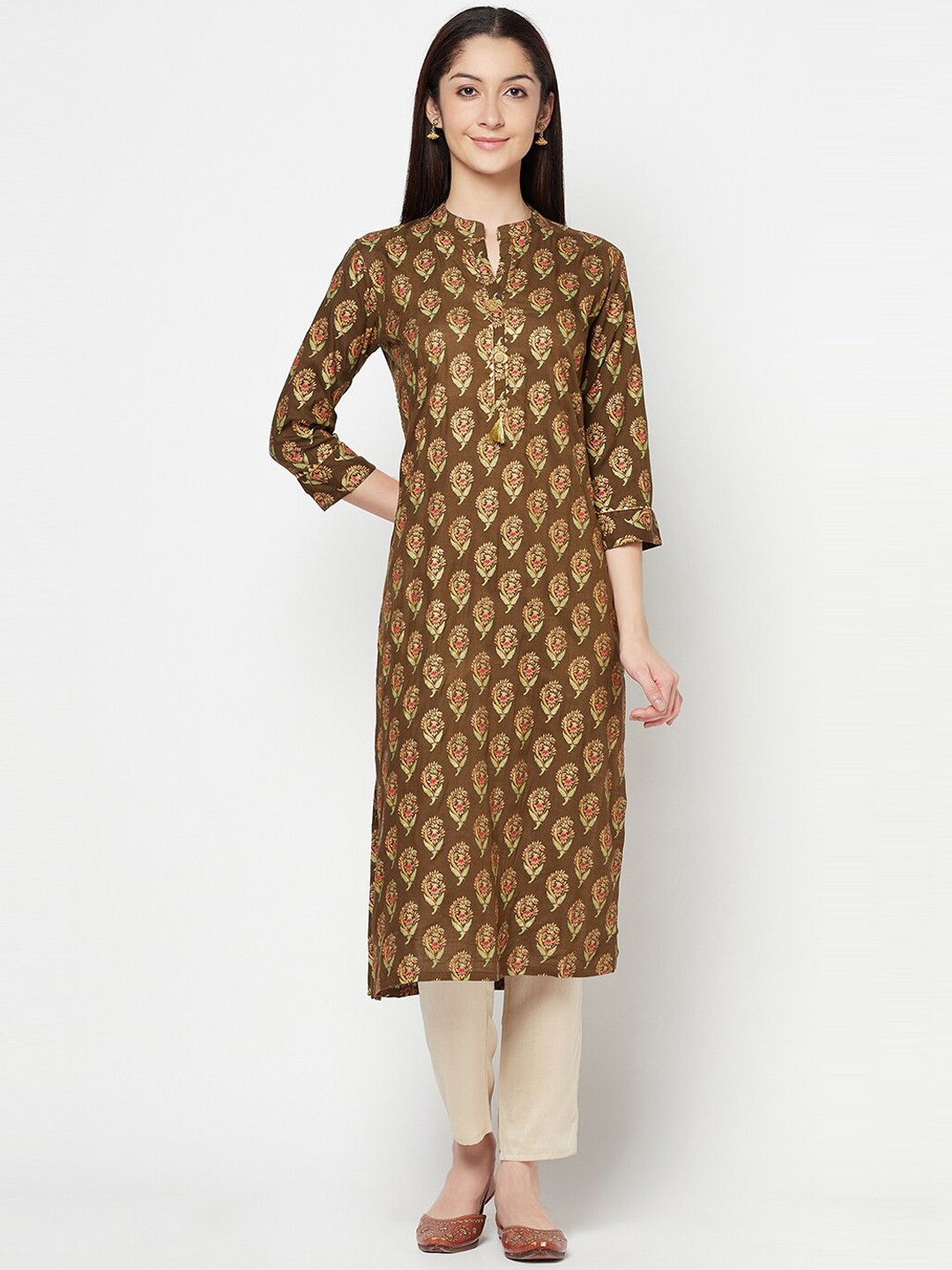 

Senyora Women Green Ethnic Motifs Printed Mandarin Collar Regular Sleeves Kurta
