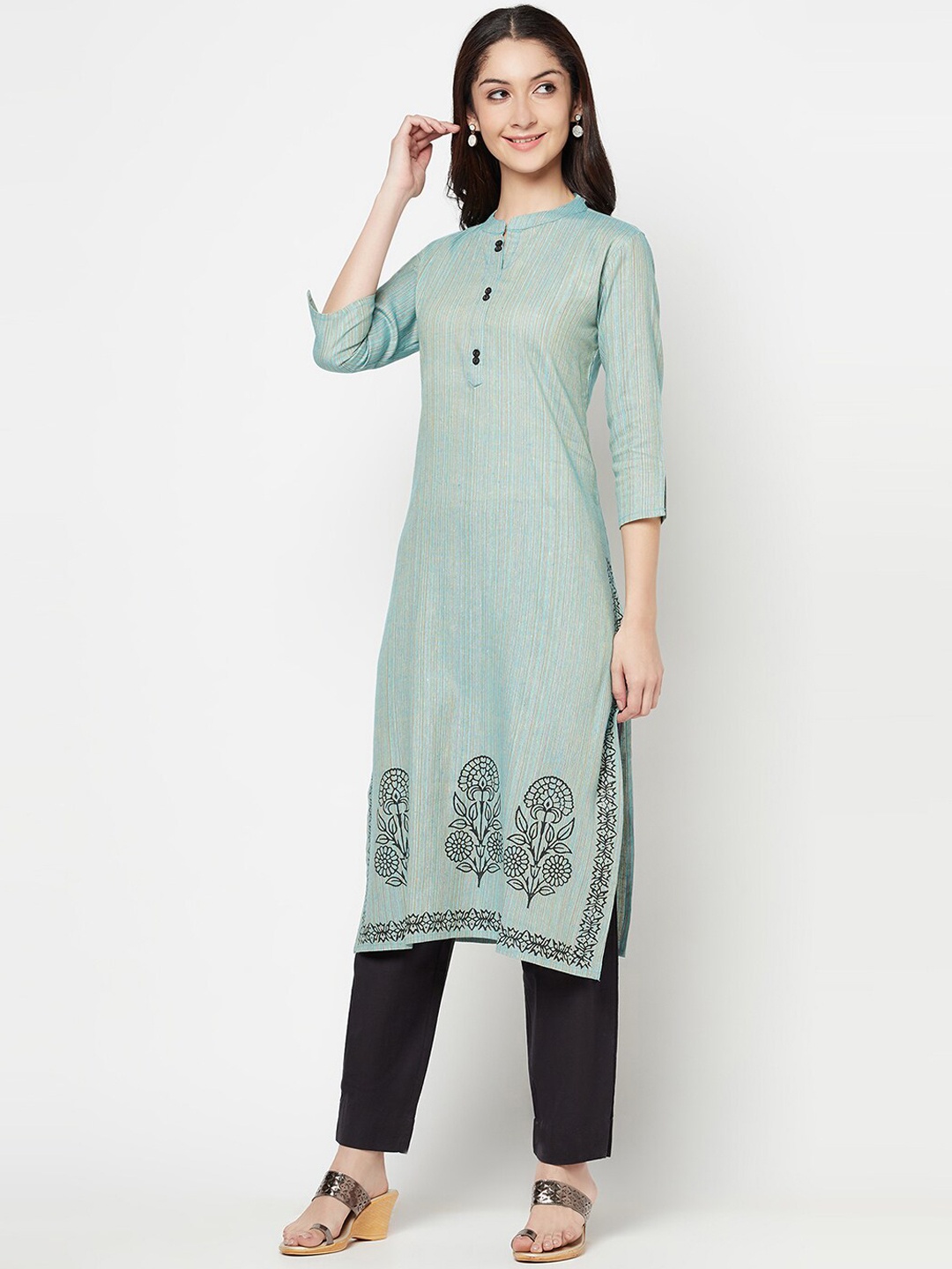 

Senyora Women Blue Floral Printed Pure Cotton Kurta with Trousers