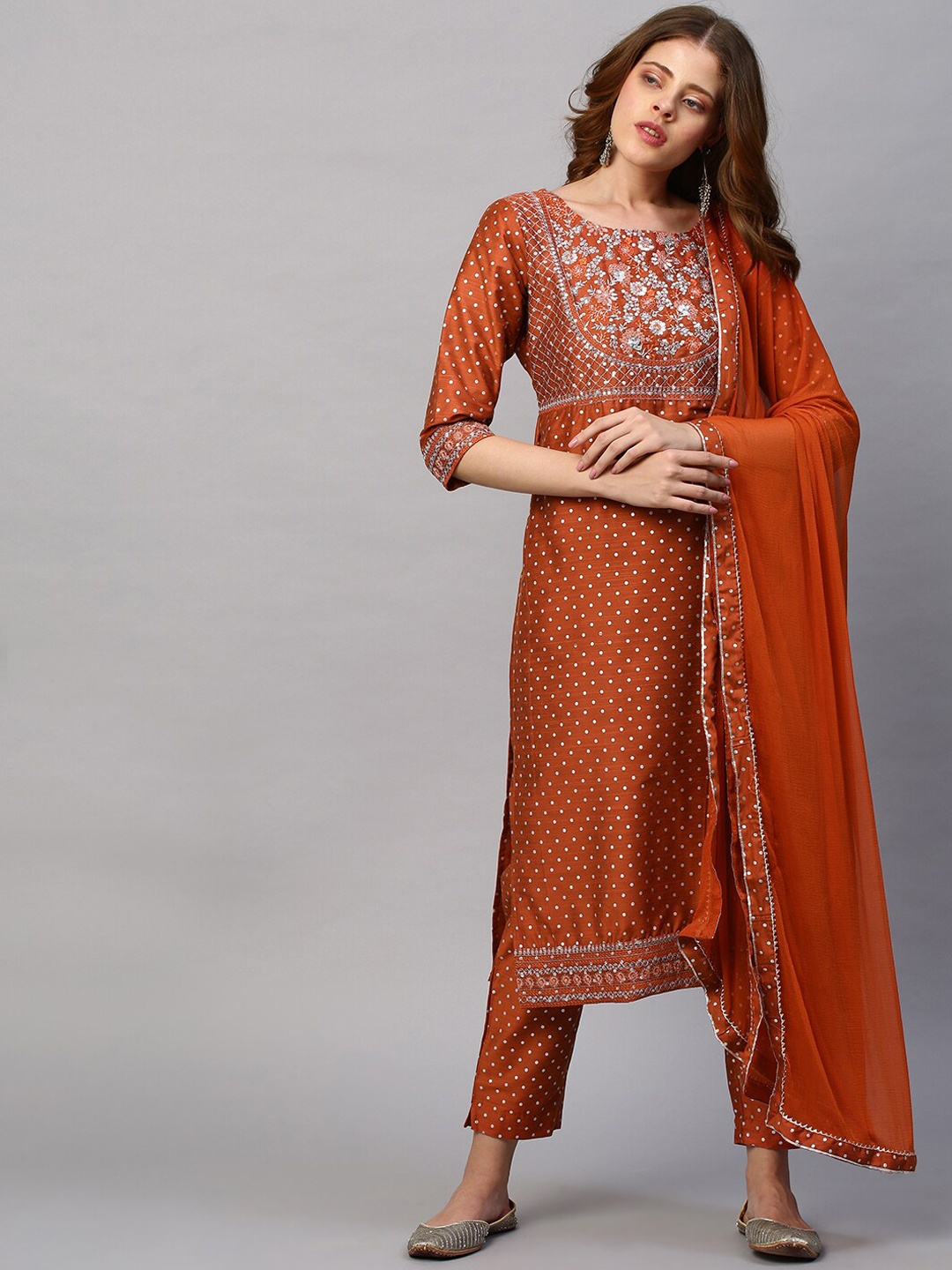 

FASHOR Women Orange Embroidered Panelled Sequinned Raw Silk Kurta with Trousers