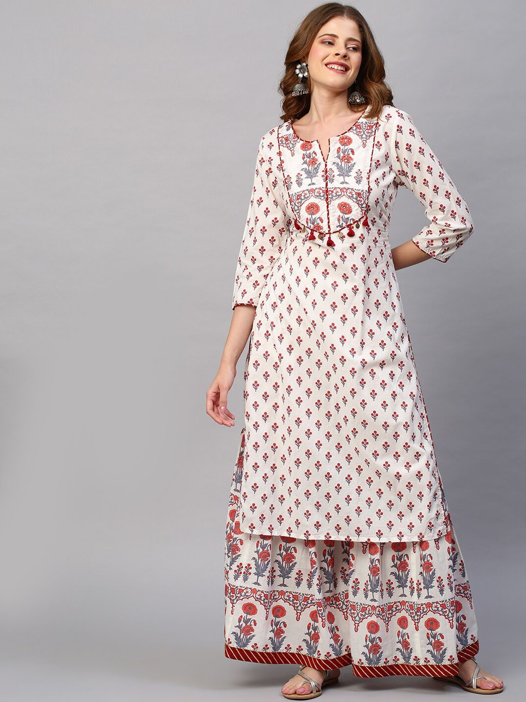 

FASHOR Women White Printed Pleated Sequinned Pure Cotton Kurti with Salwar