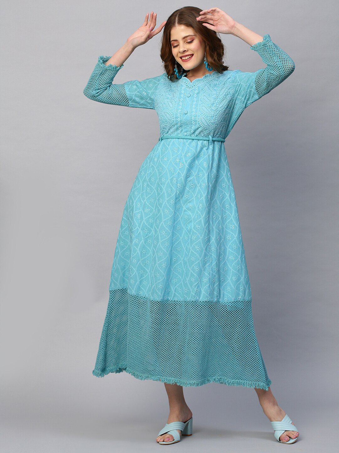 

FASHOR Blue Ethnic Motifs Embroidered Ethnic Maxi Dress