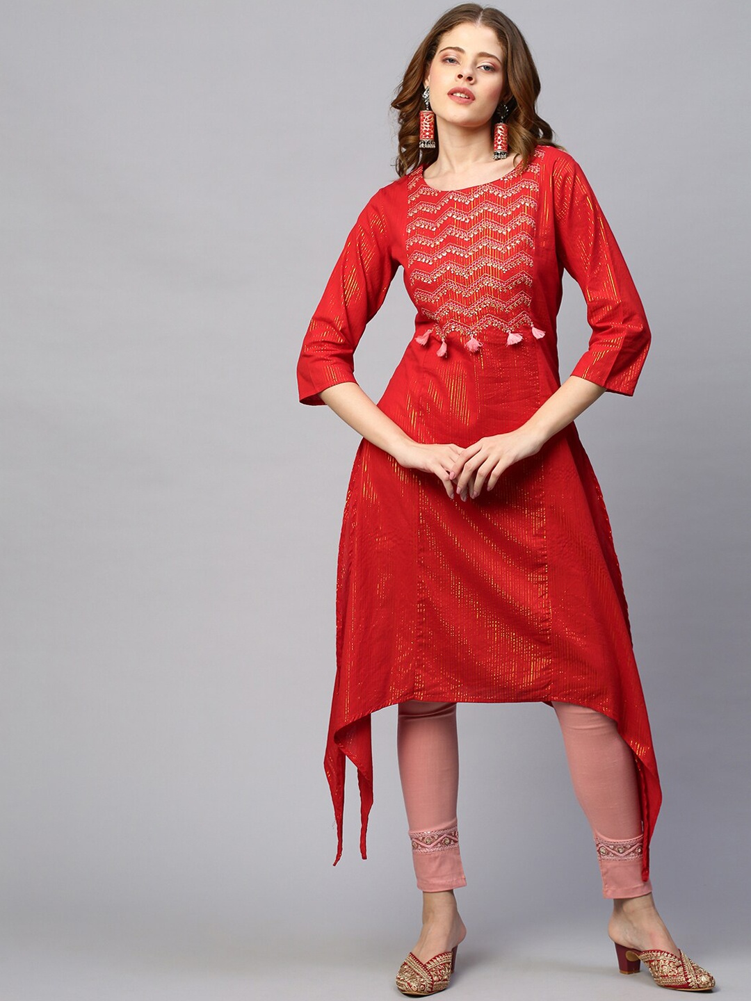 

FASHOR Women Red & Golden Lurex Striped Cotton Kurta