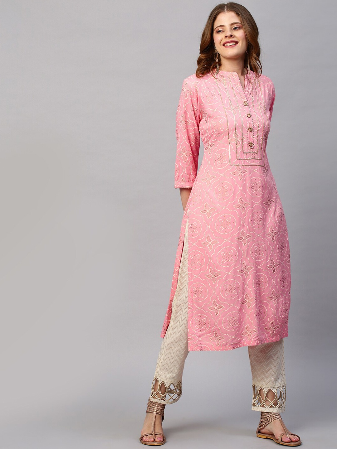 

FASHOR Women Pink Yoke Design Cold-Shoulder Sleeves Pathani Kurta