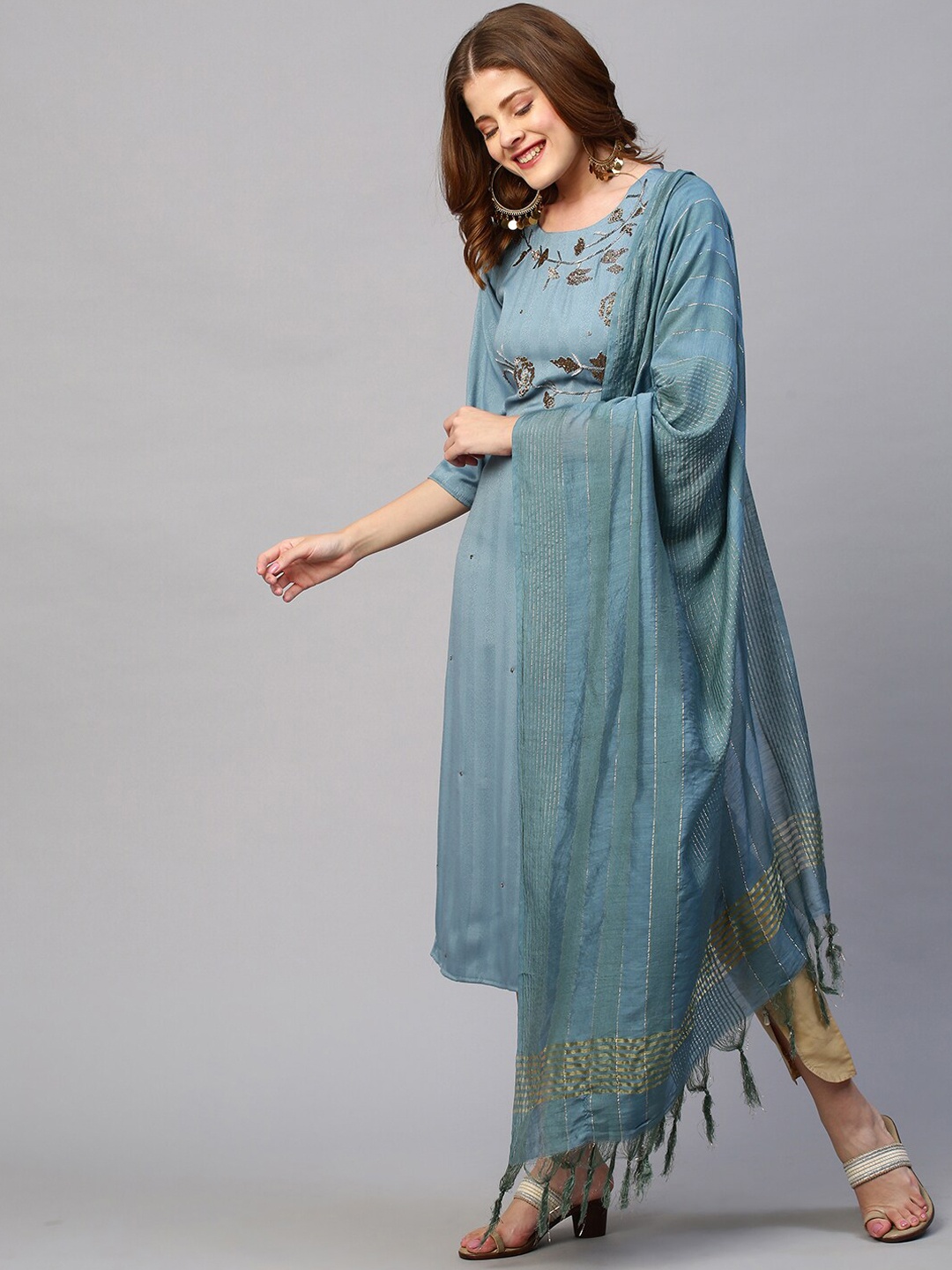 

FASHOR Women Blue & Golden Lurex Striped Kurta with Dupatta