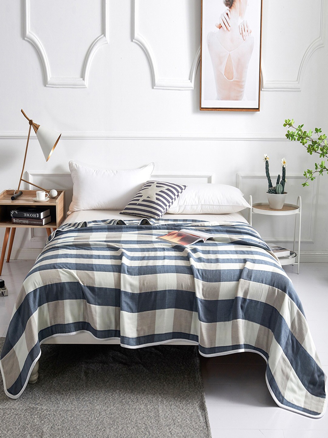 

JC HOME Navy Blue & Beige Checked Summer 350 GSM Single Bed Blanket