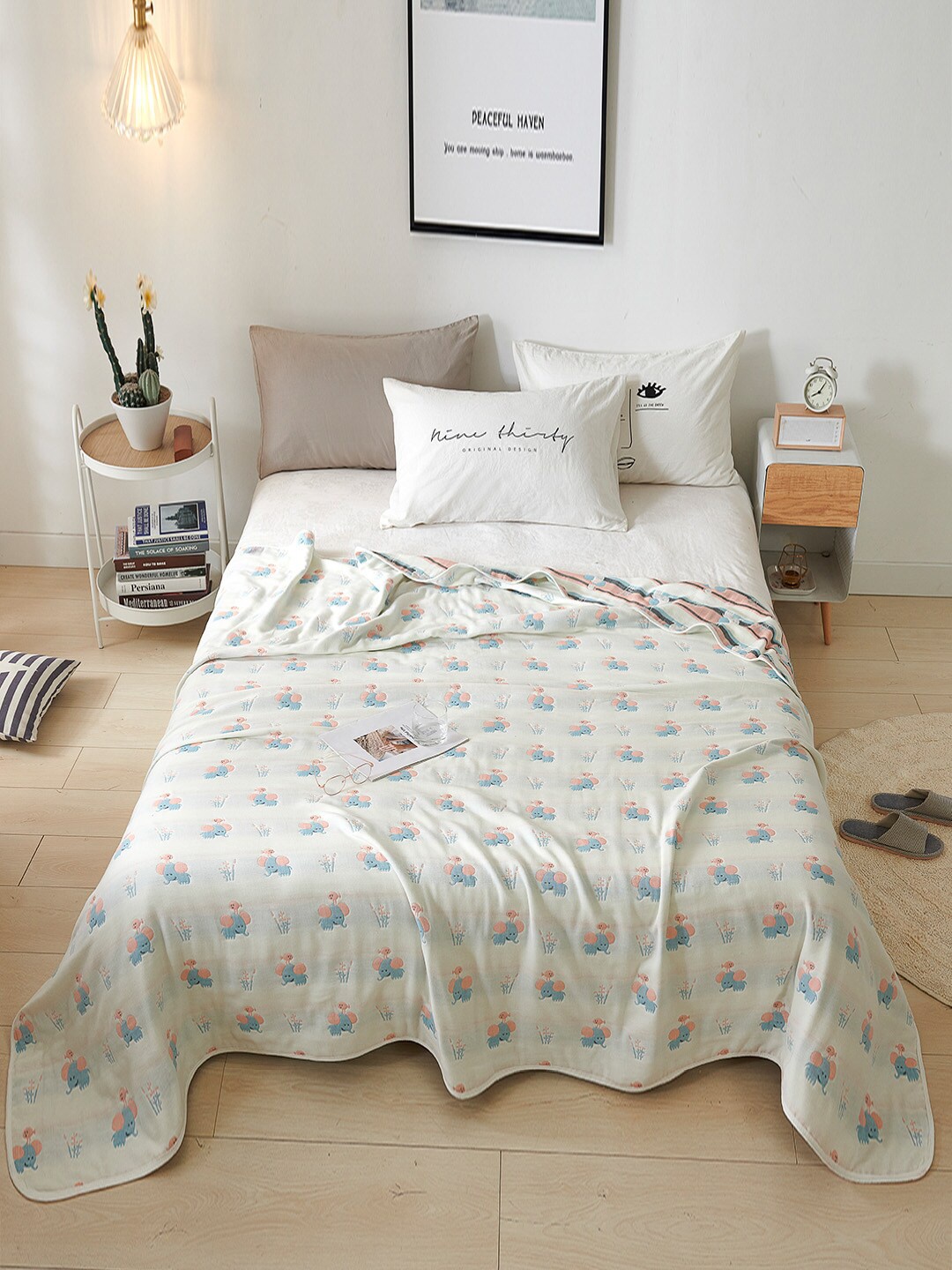 

JC HOME White & Pink Printed Summer 350 GSM Single Bed Blanket