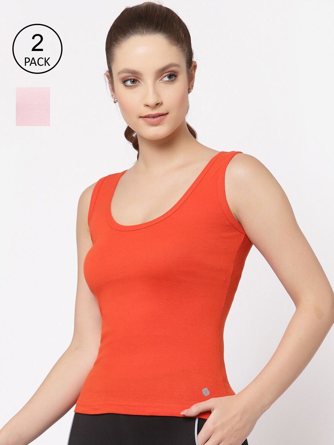 

Floret Women Pack Of 2 Orange & Pink Solid Cotton Camisoles