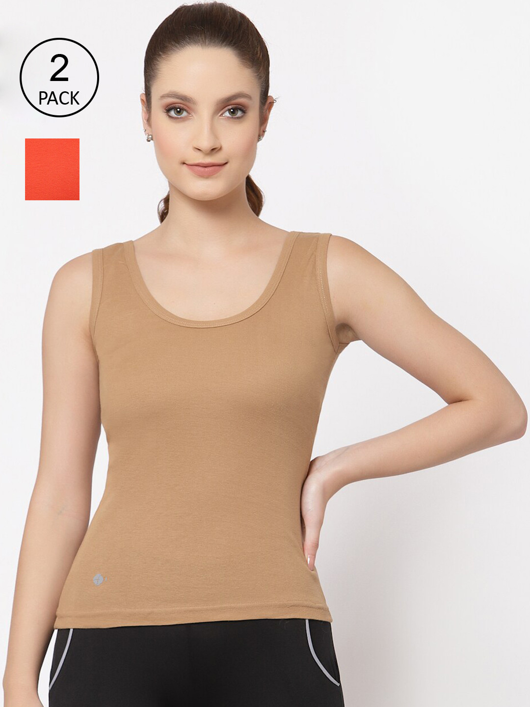 

Floret Women Pack Of 2 Nude & Orange Solid Cotton Camisoles