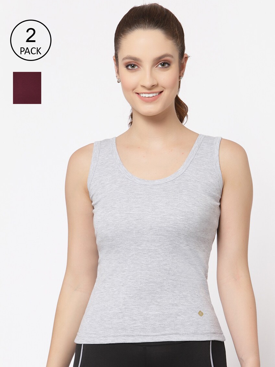 

Floret Women Grey & Burgundy Pack Of 2 Solid Cotton Camisoles, Grey melange