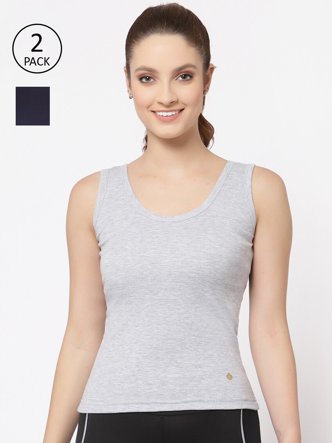

Floret Women Pack of 2 Grey & Navy Blue Solid Cotton Camisoles, Grey melange
