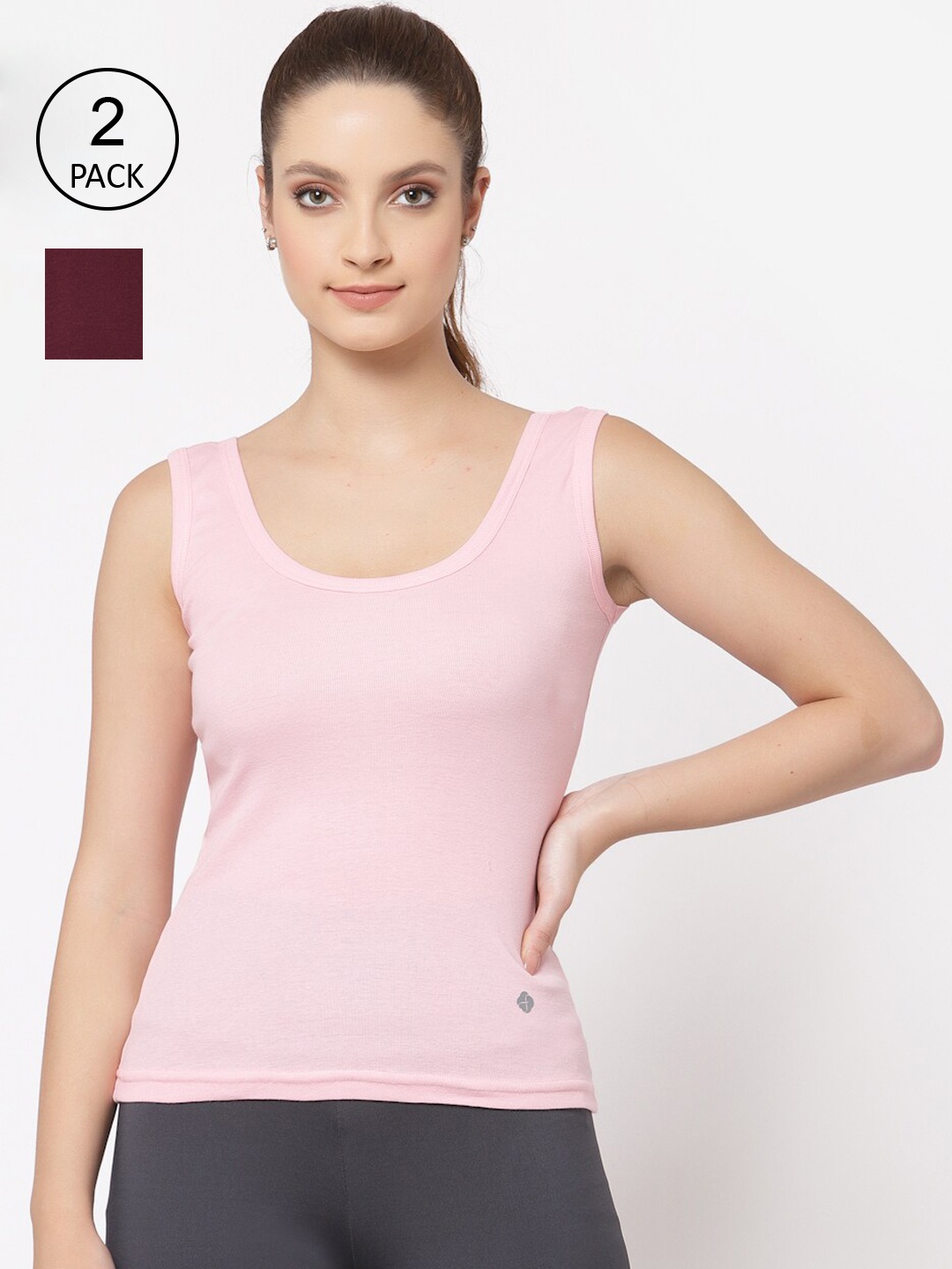 

Floret Women Pack Of 2 Pink & Maroon Solid Cotton Camisoles