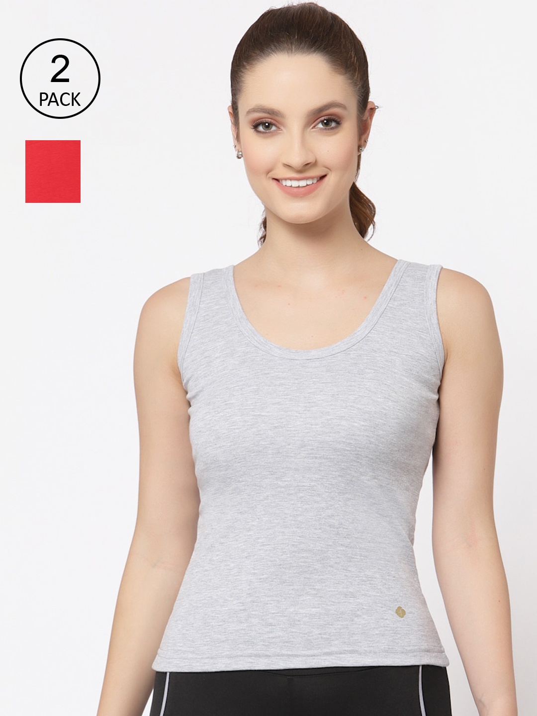 

Floret Women Pack Of 2 Grey & Red Solid Cotton Camisoles, Grey melange