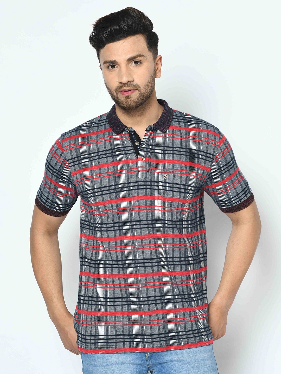 

Duke Men Black Checked Polo Collar T-shirt