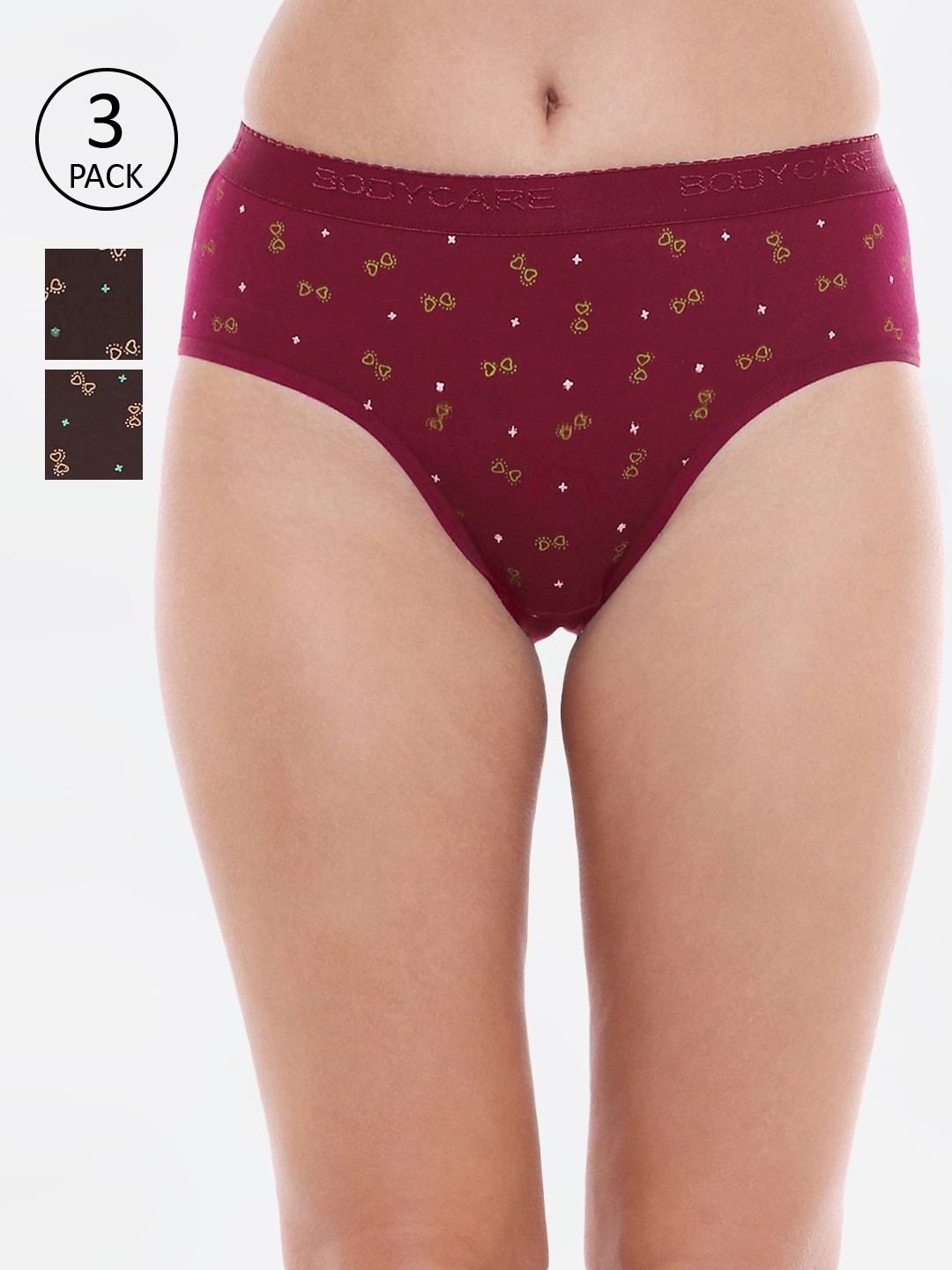 

Bodycare Women Pack Of 3 Printed Pure Combed Cotton Hipster Briefs, Multi
